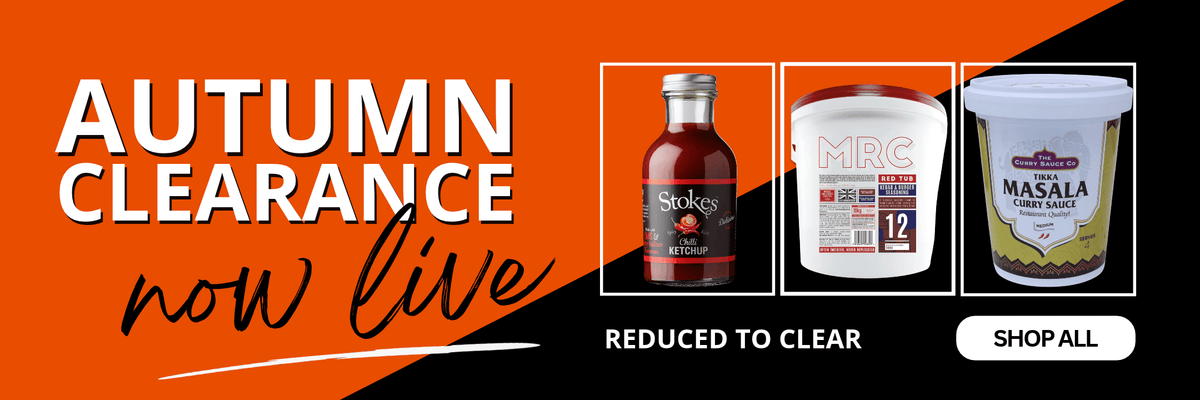 Promotional banner for an autumn clearance sale, featuring large white and black text on an orange and black background, alongside three product thumbnails: a bottle of Skyrko's dark red wine, a tub of MRC 12% off fat-free milk, and a tub of Masala Chai Tea.