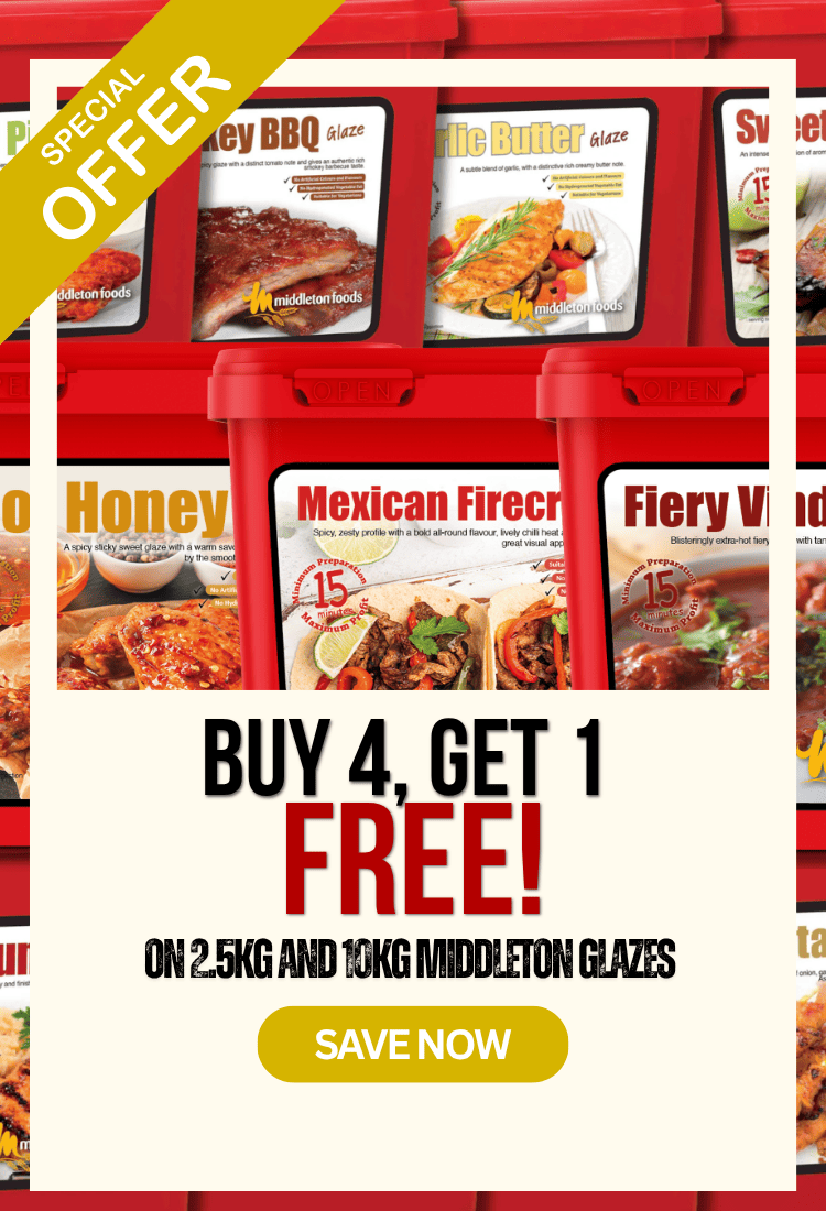 Promotional flyer for a food deal featuring multiple red deli bins with food labels such as Honey BBQ, Butter, Mexican Firecracker, and Fiery Watermelon. A yellow diagonal banner says SPECIAL OFFER, and large text reads BUY 4, GET 1 FREE! ON 2.