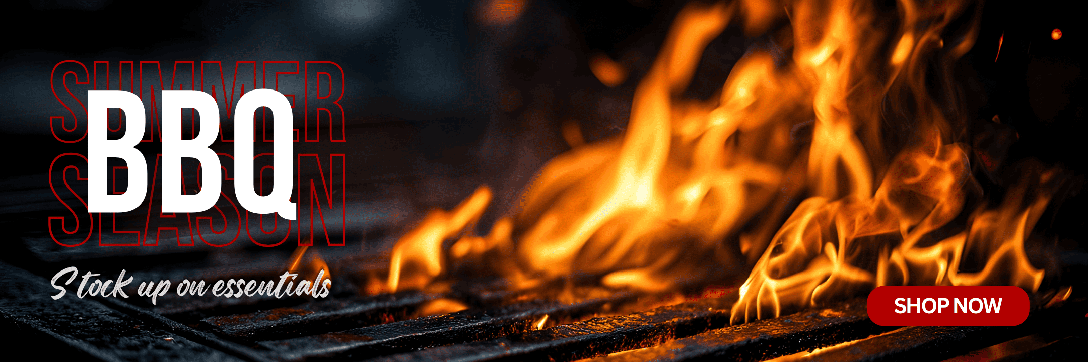Promotional banner with large white 'BBQ' text over a close-up of flames burning over a grill, with red outlined 'SUMMER SEASON' text in the background and a red 'SHOP NOW' button.