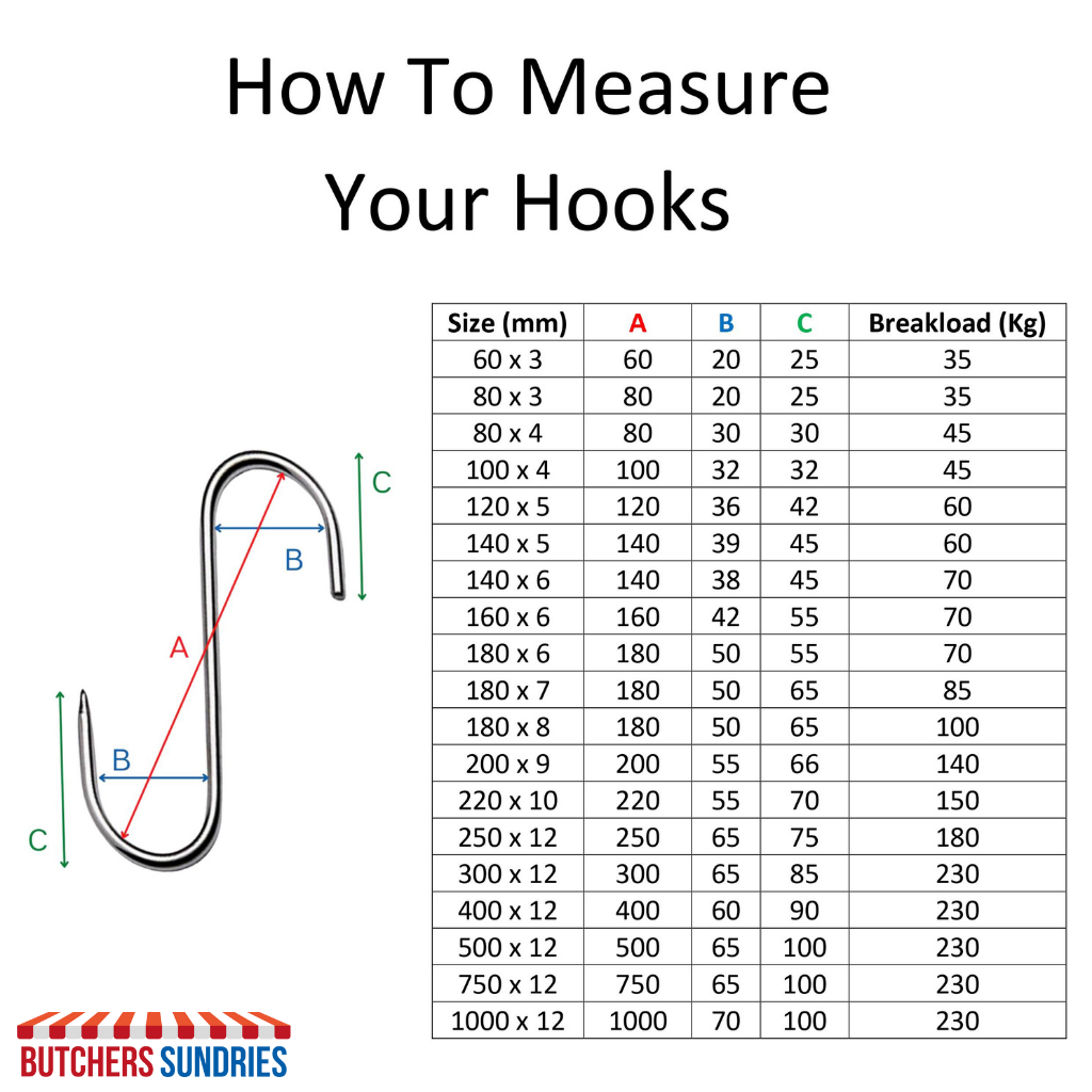 80 x 3mm S Butchers Meat Hanging Hooks - 10 Hooks/Box