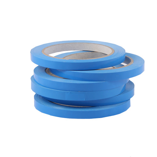 Stack of 6 blue bag sealing tapes on rolls.