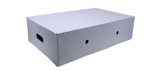 Erected white cardboard meat box with handle.