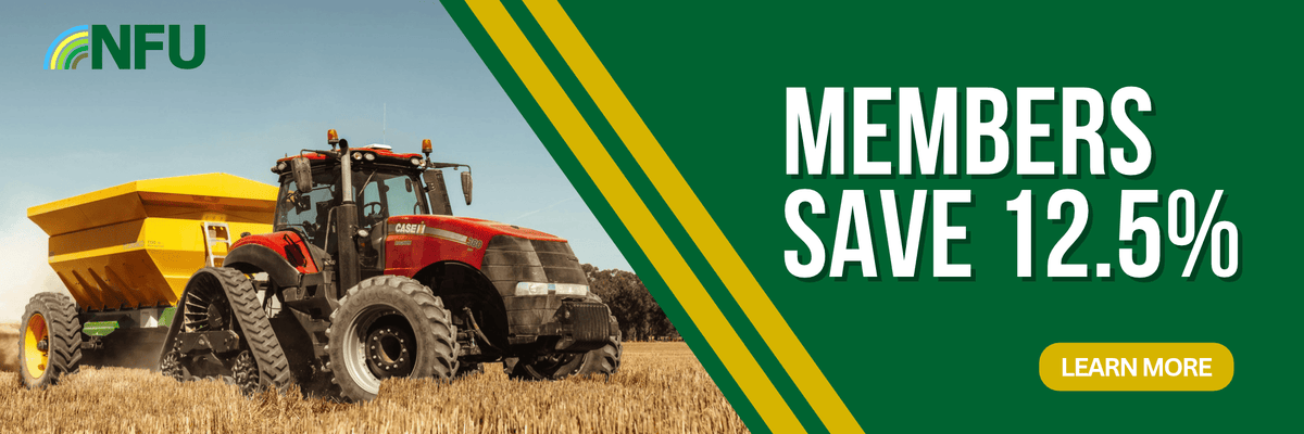 NFU promotional banner featuring a red tractor and yellow trailer in a field, alongside the text “Members save 12.5%” and a “Learn More” button