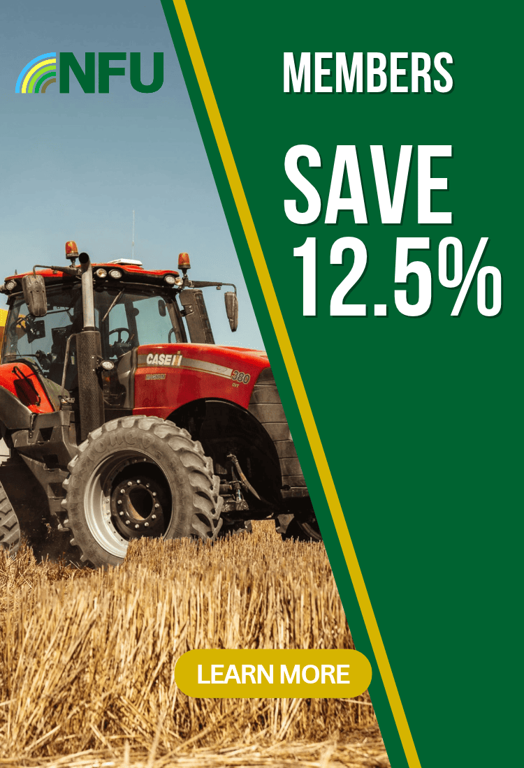 NFU promotional banner featuring a red tractor and yellow trailer in a field, alongside the text “Members save 12.5%” and a “Learn More” button