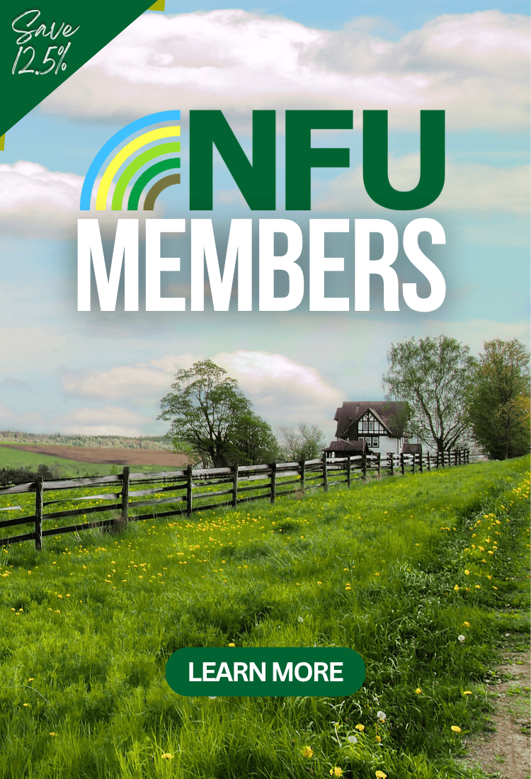 Promotional graphic for NFU Members featuring a green and white logo over a scenic countryside landscape with a grassy hill, fence, trees, and a small house. A green corner badge reads 'Save 12.5%'.