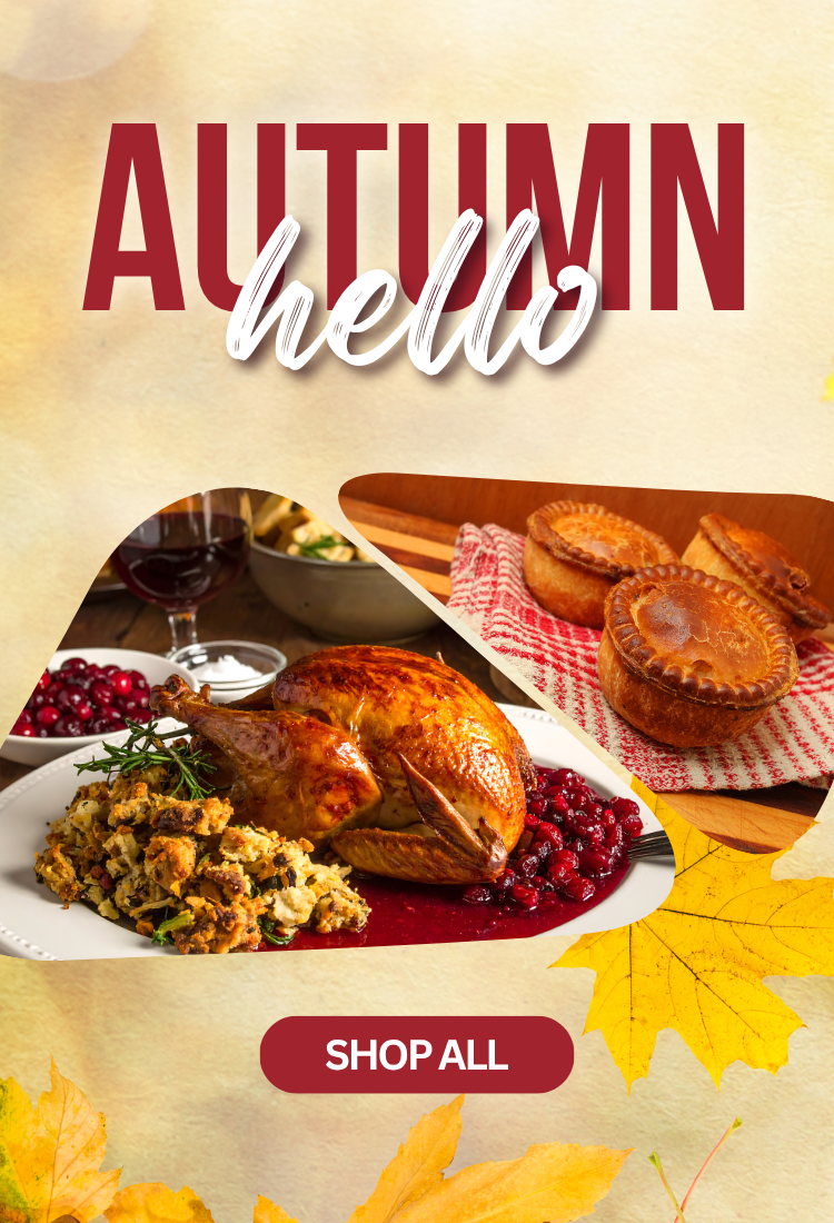 Autumn-themed promotional graphic with the words 'AUTUMN hello' in large red and white lettering over a warm beige background. Below, a photo collage shows a roasted turkey with stuffing and cranberry sauce, small pies on a wooden board, and yellow maple leaves at the bottom.