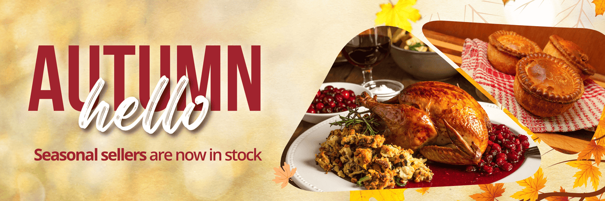 Autumn-themed promotional banner with the text 'AUTUMN hello' and 'Seasonal sellers are now in stock' alongside a photo of a roasted turkey with stuffing, cranberries, pies, and fall leaves on a warm beige background.