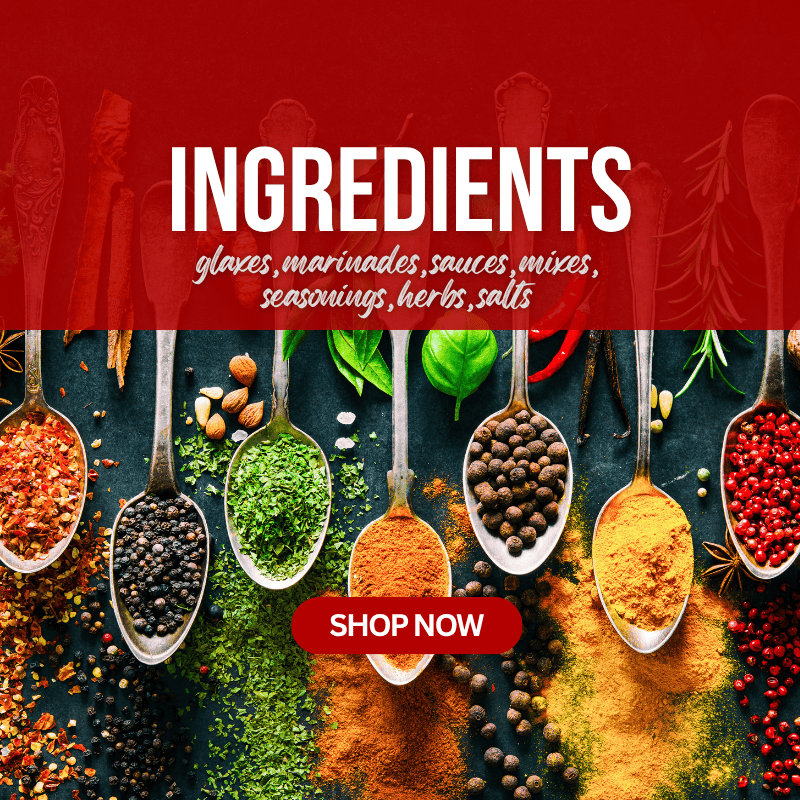 Promotional graphic with the word 'INGREDIENTS' in large white text on a red banner, with several metal spoons filled with colorful spices and herbs arranged below on a dark surface. A red 'SHOP NOW' button appears near the bottom.