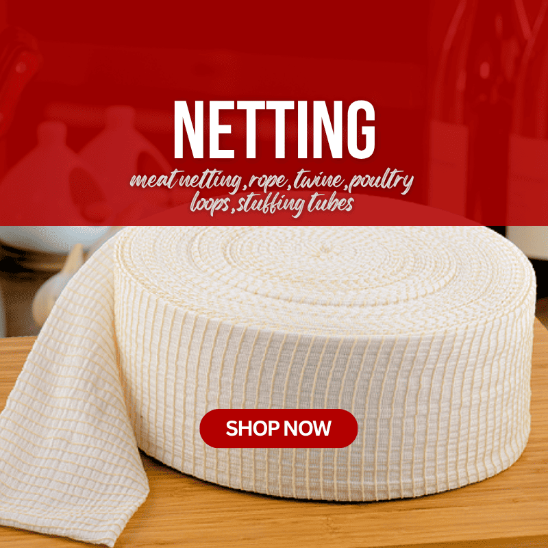 A large roll of off-white grid-patterned meat netting is displayed on a wooden surface, with a matching draped sheet visible on the left. A red banner at the top features the text 'NETTING' and smaller descriptive text, with a red 'SHOP NOW' button overlay near the bottom.