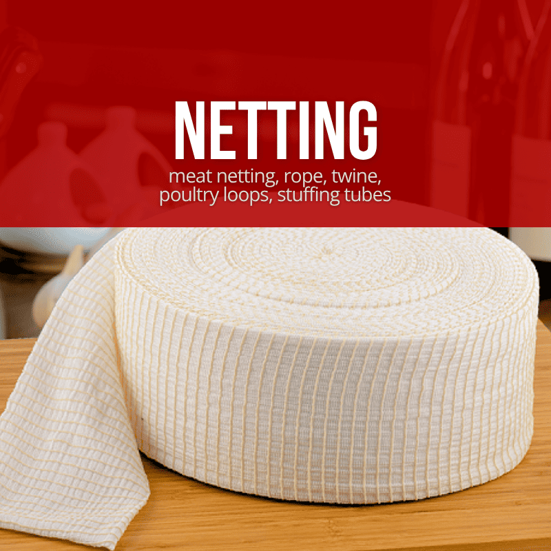 A large roll of off-white grid-patterned poultry netting sits on a wooden surface, with a matching strip draped over the side. A red banner at the top reads 'NETTING' and lists uses such as meat netting, rope, twine, poultry loops, and stuffing tubes.