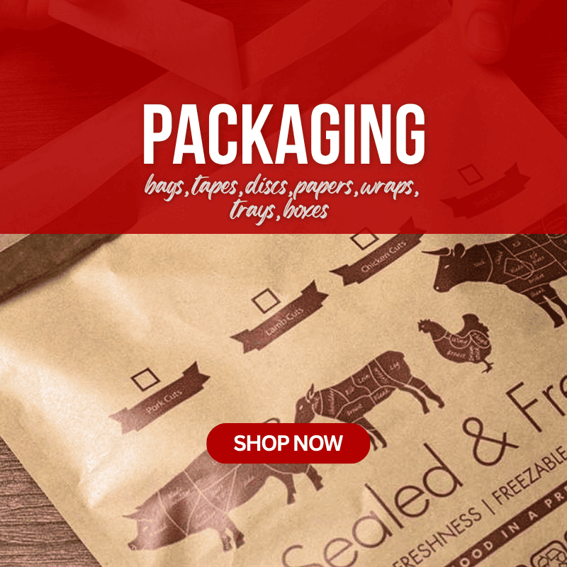 Promotional graphic for packaging supplies, with a red banner reading 'PACKAGING' and a brown kraft paper bag printed with butcher-style animal illustrations and a red 'SHOP NOW' button.