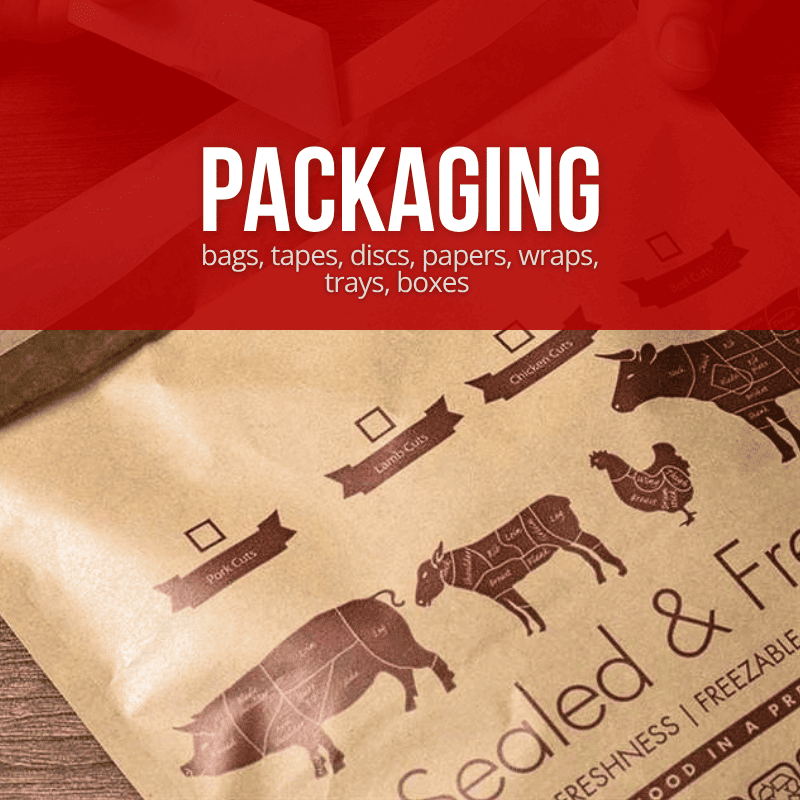 A kraft paper food packaging bag with brown butcher-cut animal illustrations and text including 'Sealed & Fresh' and 'Packaging' on a red banner overlay.