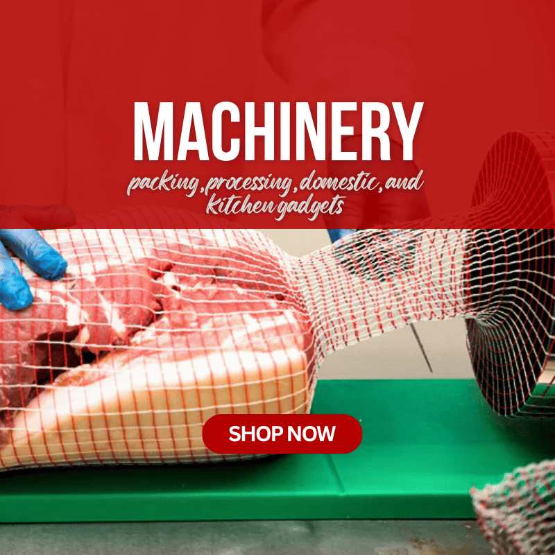 Promotional banner for meatpacking machinery, featuring a large red header with white text reading 'MACHINERY' and 'packaging, processing, domestic, and kitchen gadgets,' plus a 'SHOP NOW' button over a photo of raw meat wrapped in mesh on a green table.