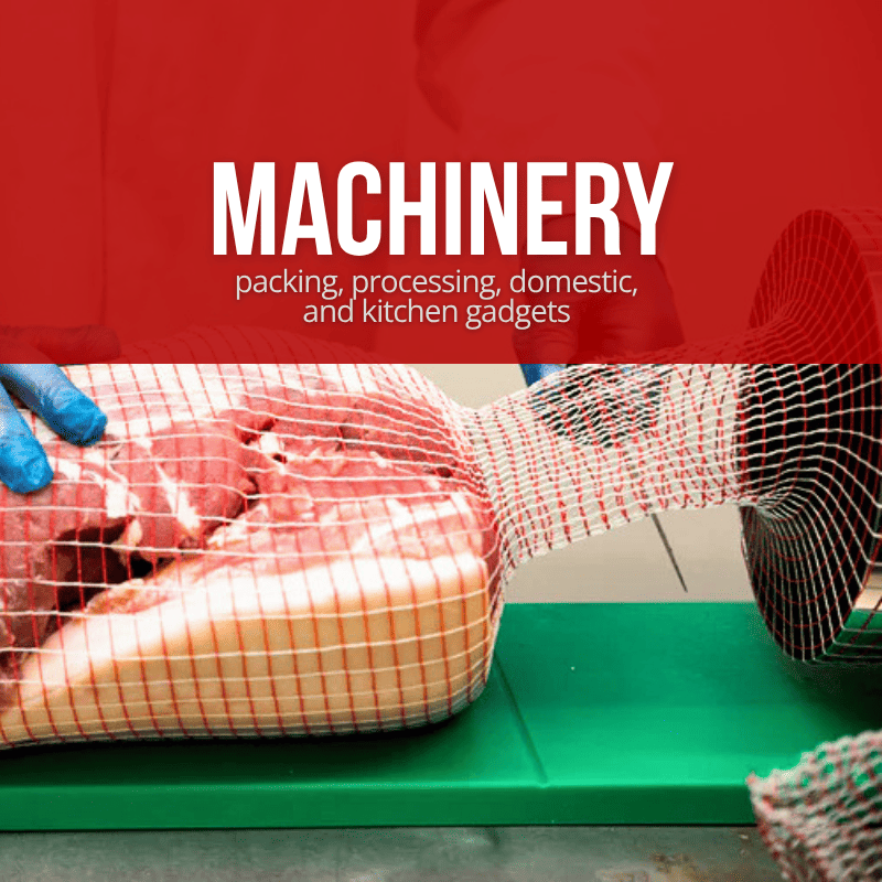 A promotional graphic with a red header reading 'MACHINERY' and smaller text 'packing, processing, domestic, and kitchen gadgets' over a photo of packaged meat on a green table with a person's gloved hand visible.