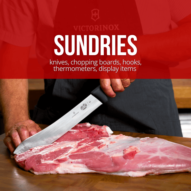Victorinox kitchen tools shown in use: a person in a red shirt and dark apron holds a large Victorinox knife while cutting a piece of raw meat on a wooden board. A red banner across the top reads 'SUNDRIES' with smaller text listing knives, chopping boards, hooks, thermometers, and display items.