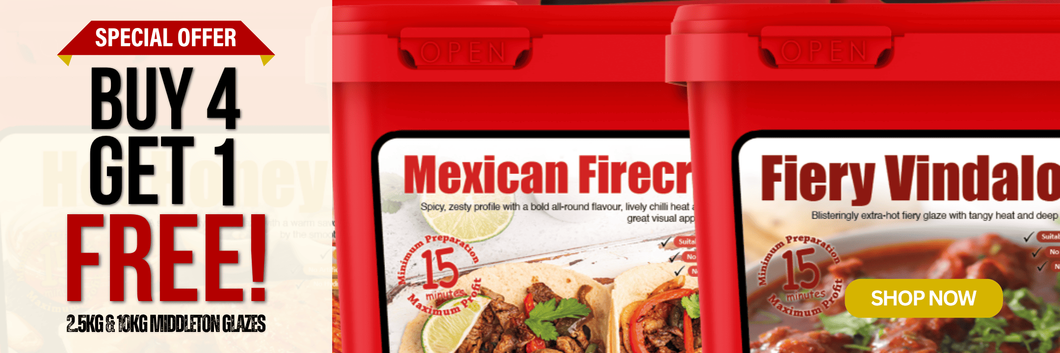 Promotional banner for Middleton Grates showing two red tubs of Mexican Firecracker and Fiery Vindalo pepper rubies alongside a large 'BUY 4 GET 1 FREE!' offer graphic.