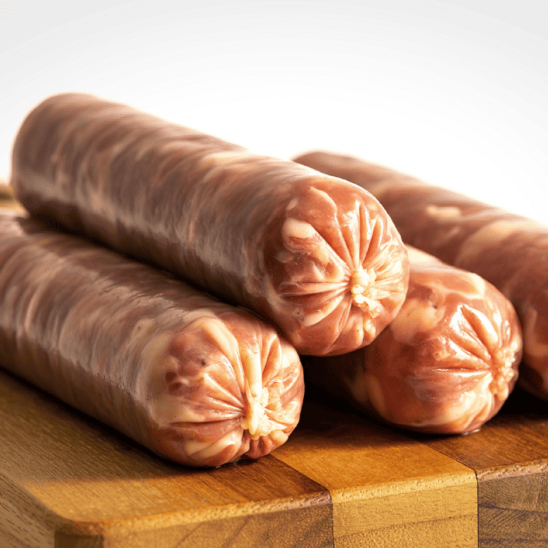 Several raw sausages in clear plastic casings resting on a wooden cutting board against a white studio background.