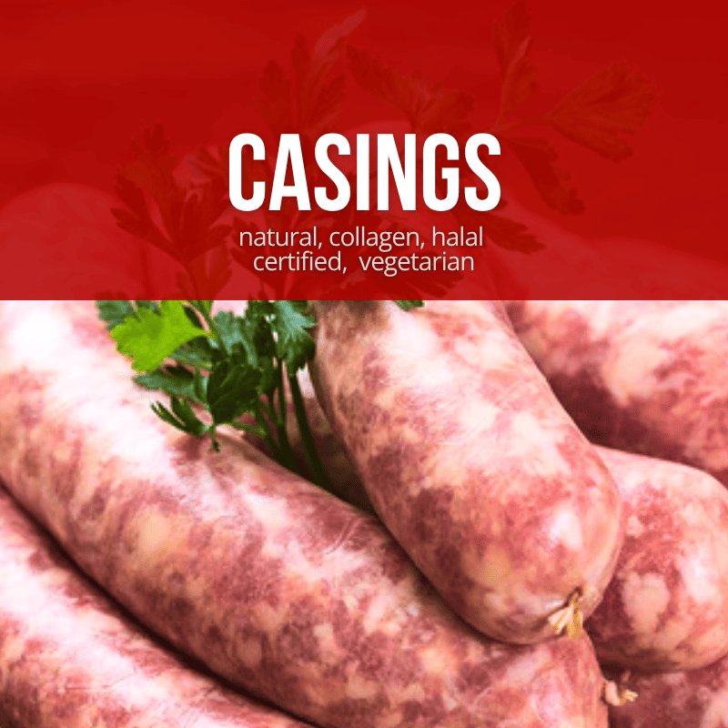 Several pinkish-red cured sausage casings are shown close up with a sprig of green parsley on top. A red banner across the top reads “CASINGS” with smaller text listing natural, collagen, halal certified, and vegetarian options.
