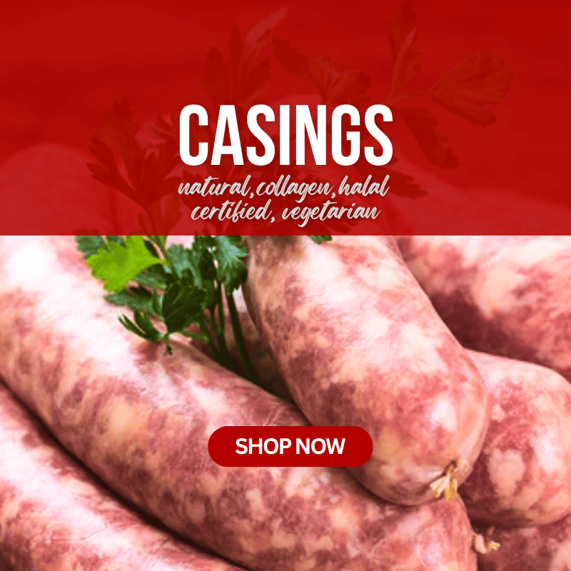 Promotional graphic for Casings showing several marbled sausage casings with parsley garnish, a red banner with white text reading 'CASINGS natural, collagen, halal certified, vegetarian,' and a red 'SHOP NOW' button.