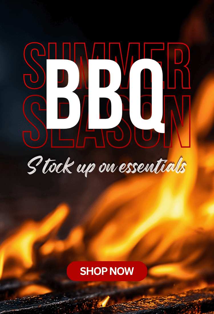 Promotional graphic with flames and charcoal in the background, large white text reading 'BBQ', red outlined 'SUMMER SEASON' text behind it, the phrase 'Stock up on essentials' in white script, and a red 'SHOP NOW' button.