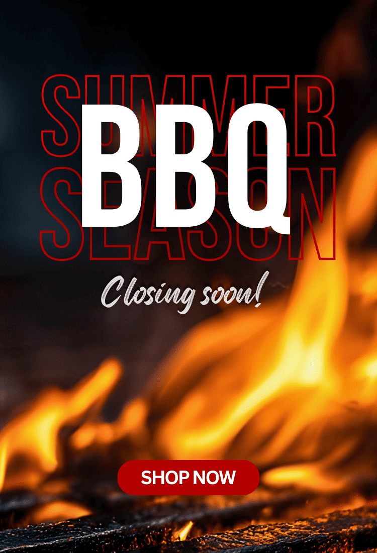 Promotional graphic with large white 'BBQ' text over a fire background, red outlined 'SUMMER SEASON' text behind it, the phrase 'Closing soon!' in white script, and a red 'SHOP NOW' button.