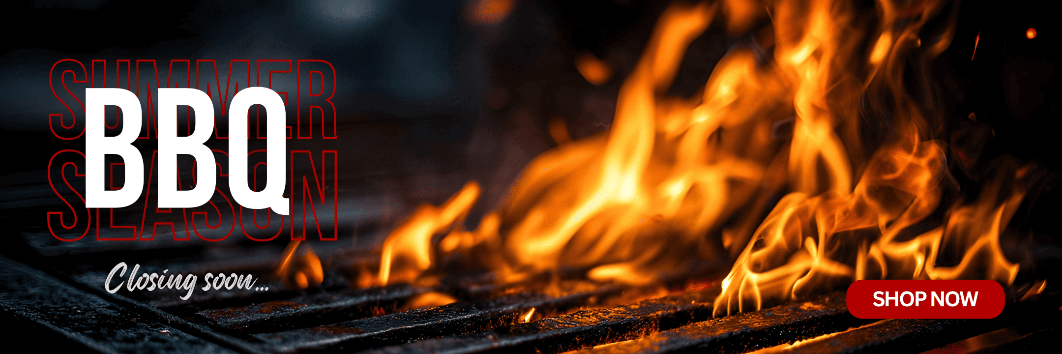 Promotional banner with large white 'BBQ' text over a close-up of flames burning over a grill, with red outlined 'SUMMER SEASON' text in the background and a red 'SHOP NOW' button.