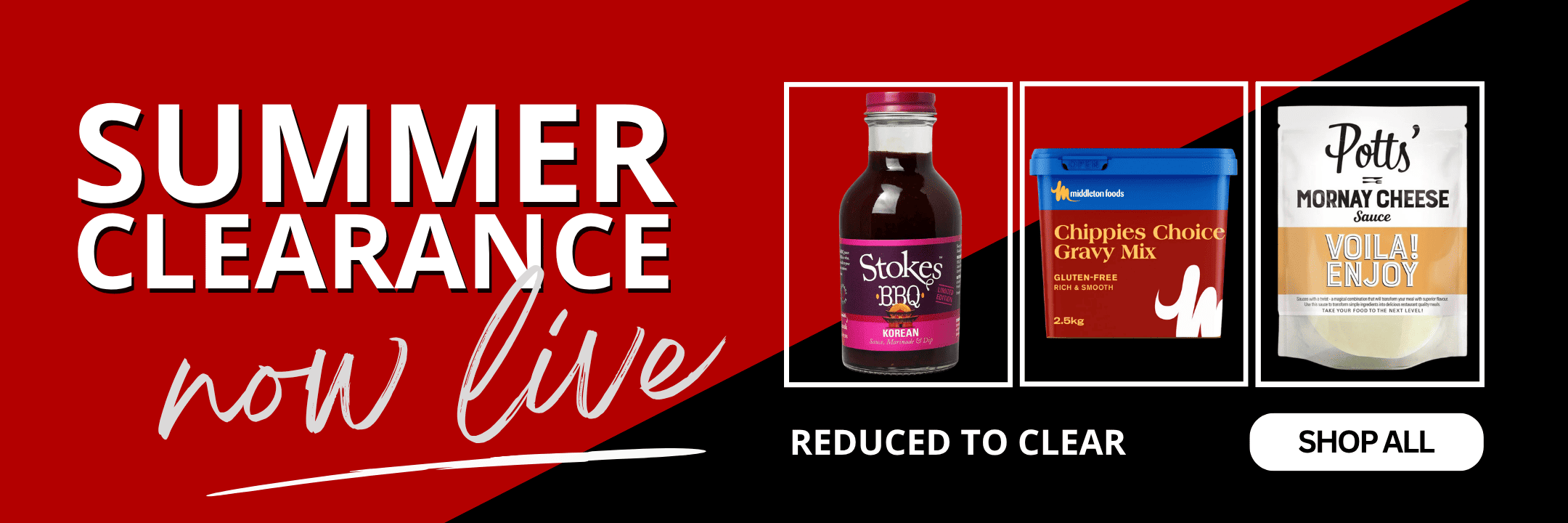 Promotional banner for a summer clearance sale, featuring large white text on a red background and three product thumbnails: a bottle of Stokes Bros. grape juice, a box of Calipho Choice Gravy salts, and a bag of Potts Mommy Cheese Vollii Enjoy.