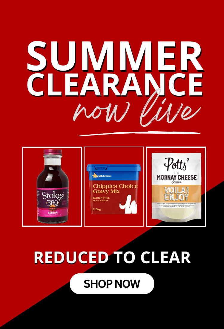 Promotional summer clearance sale graphic with large white text on a red background, three featured products shown in a row, and a white 'SHOP NOW' button at the bottom.