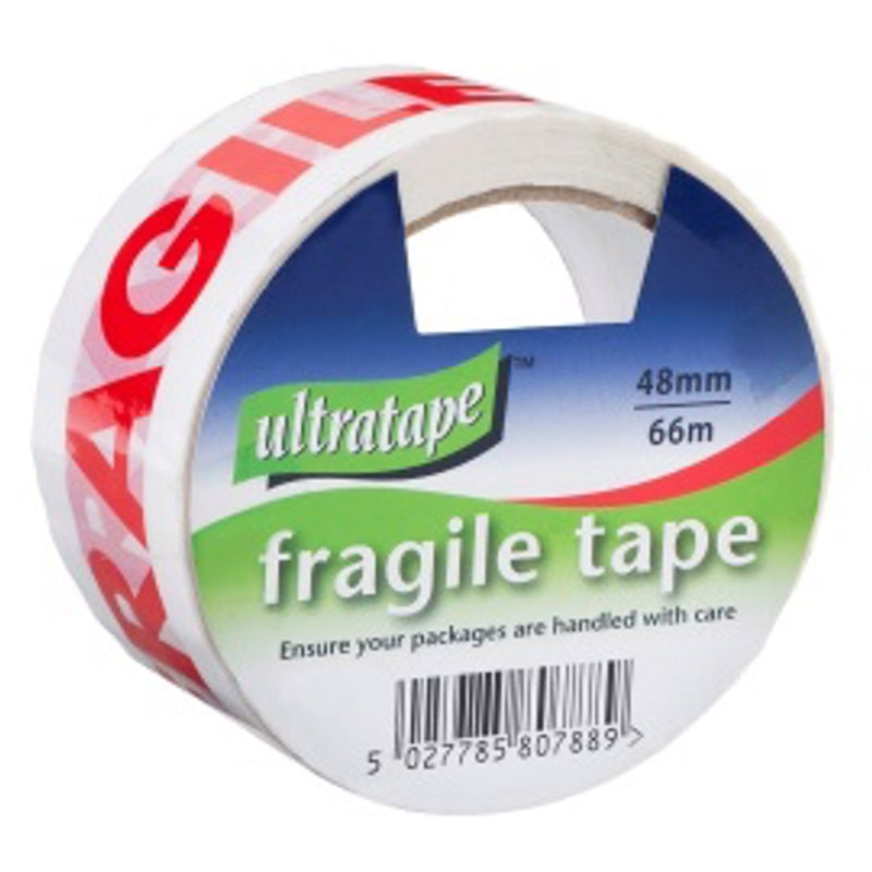 Ultratape 66m red/white fragile tape roll.