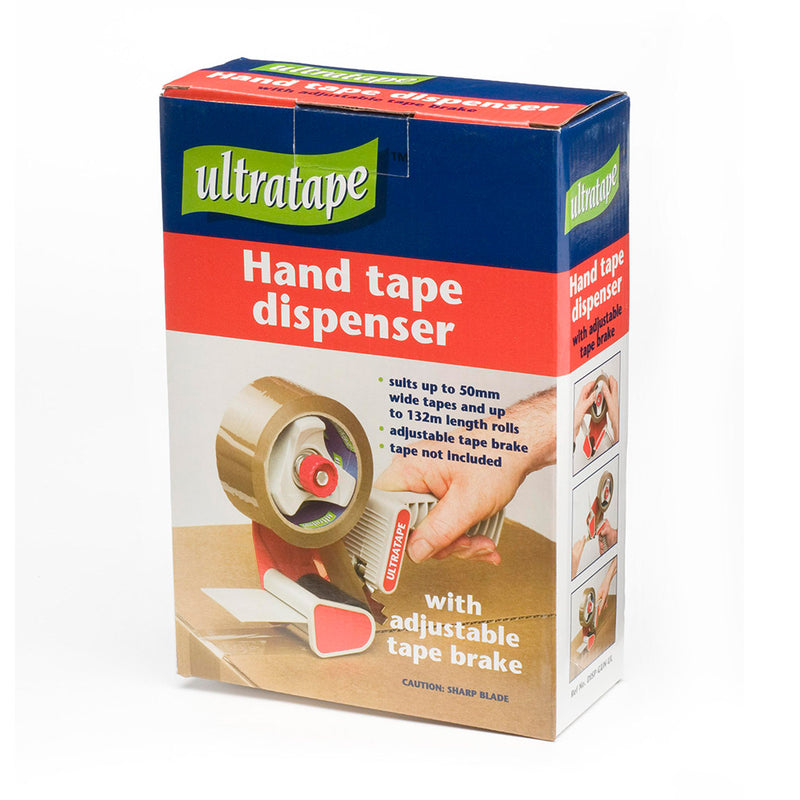 Ultratape hand tape dispenser with adjustable tape brake box.