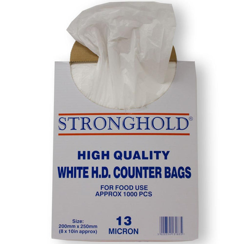 Open box of Stronghold high quality white HD counter bags.