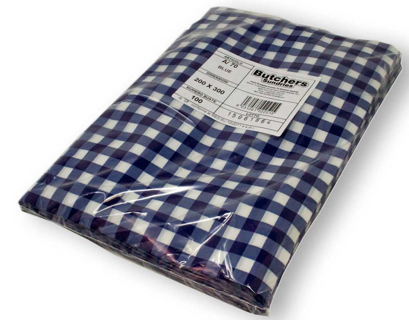 Wrapped blue gingham vacuum pouches packed.