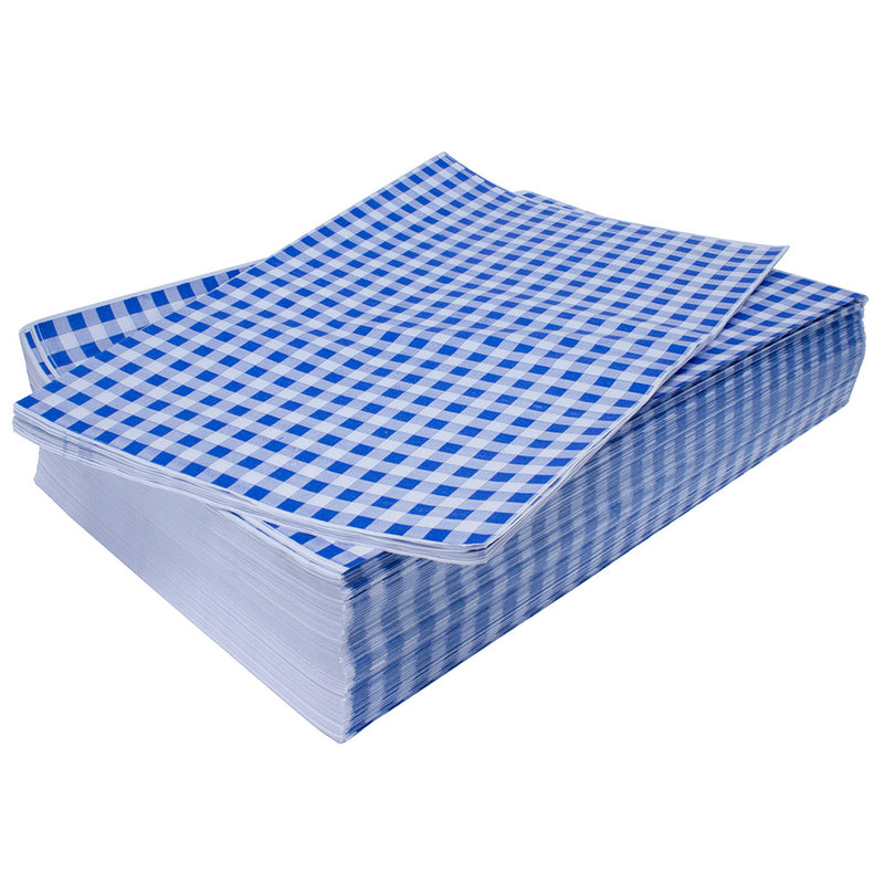 Stack of blue gingham sheets on top of one another.