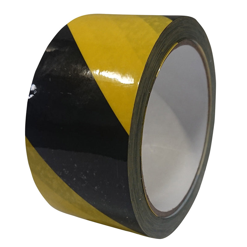 Black/yellow 33m hazard stripe tape roll.