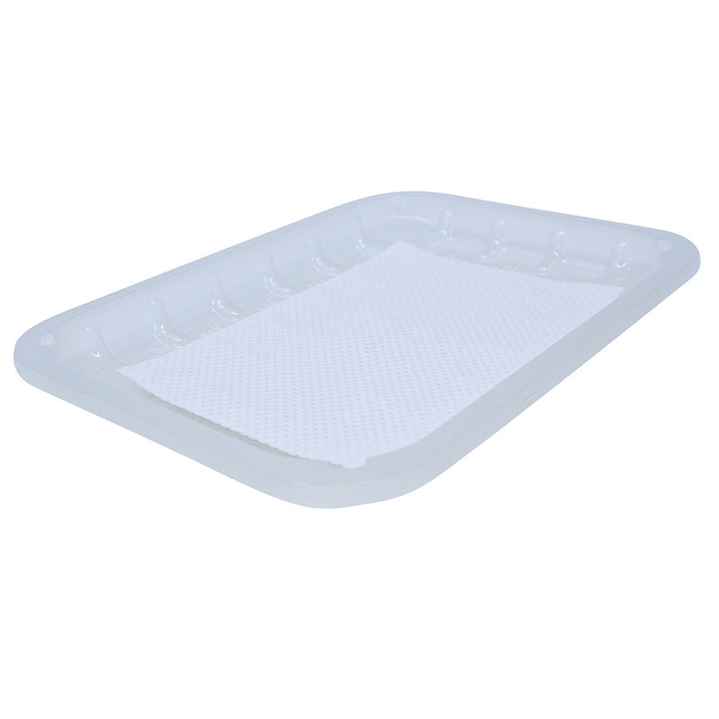 Large rectangular recyclable clear food tray with white meat saver soaker pad.
