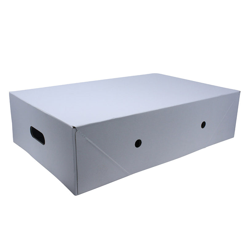Erected white meat box with handle.