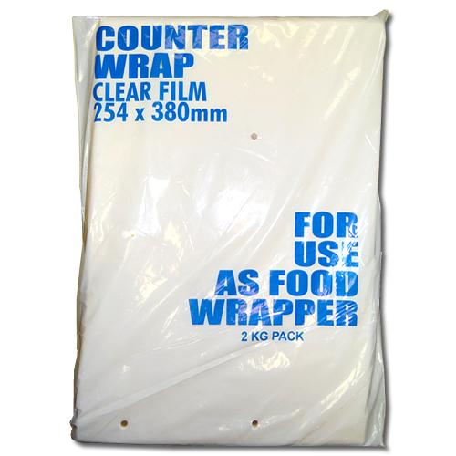 White bag of clear film counter wrap.