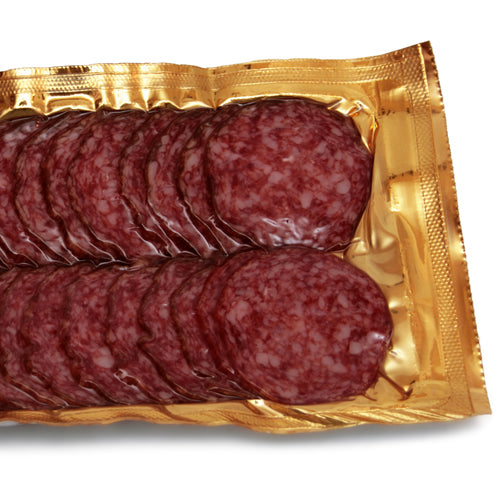 Vacuum sealed meat in gold backed vacuum pouches.