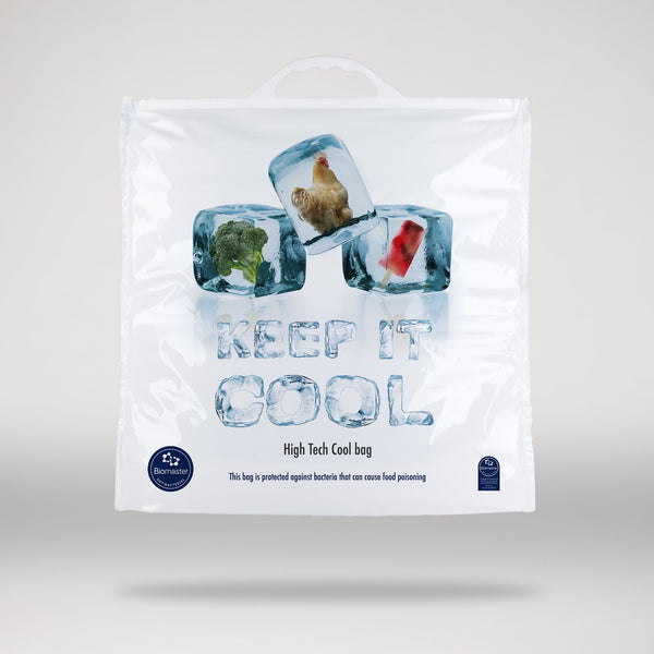 High tech antibacterial cool bag with handle.