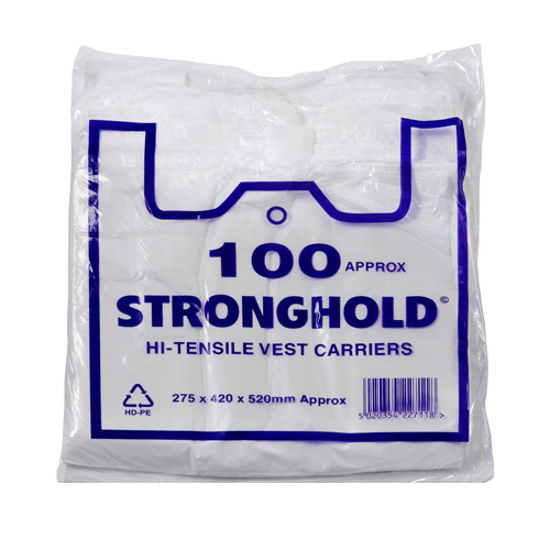 Stronghold hi-tensile white vest carrier bags packed.